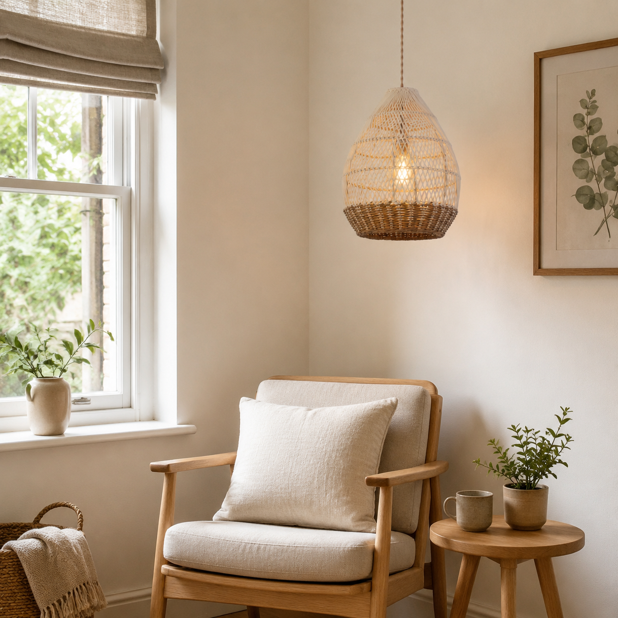 rattan pendant light in a sunlit breakfast nook