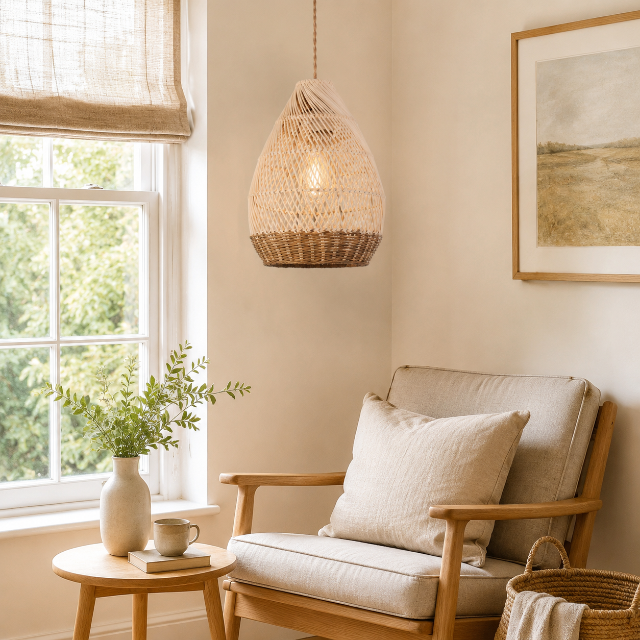 rattan pendant light beside a bright window