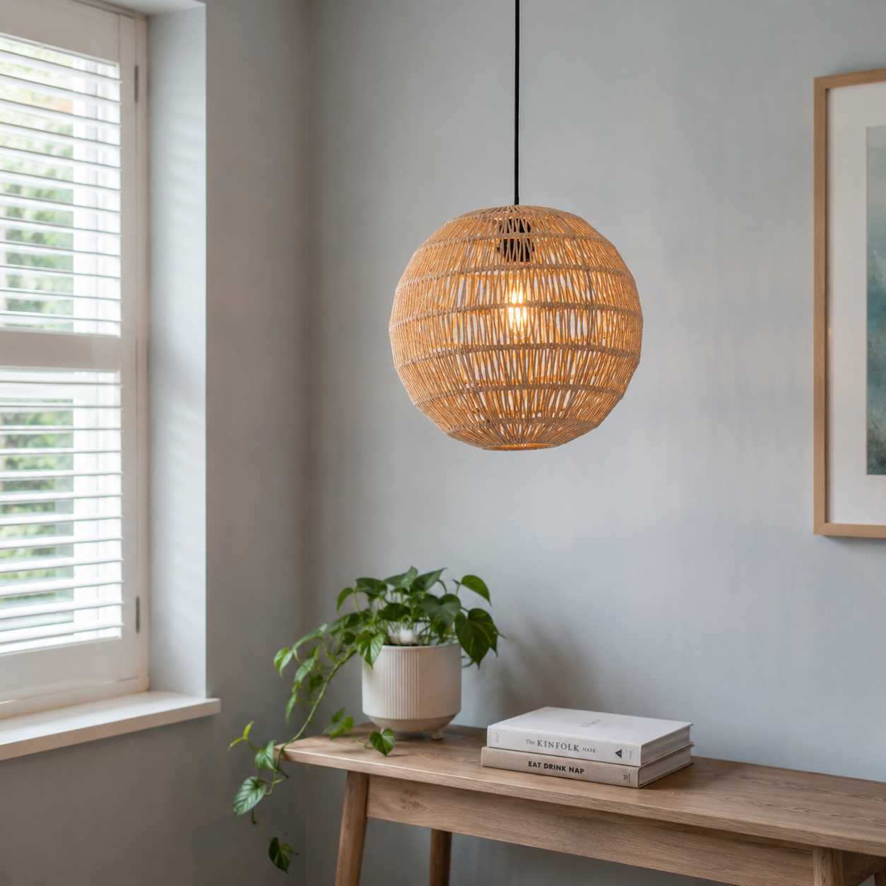 cotton rope pendant light above a bright dining table