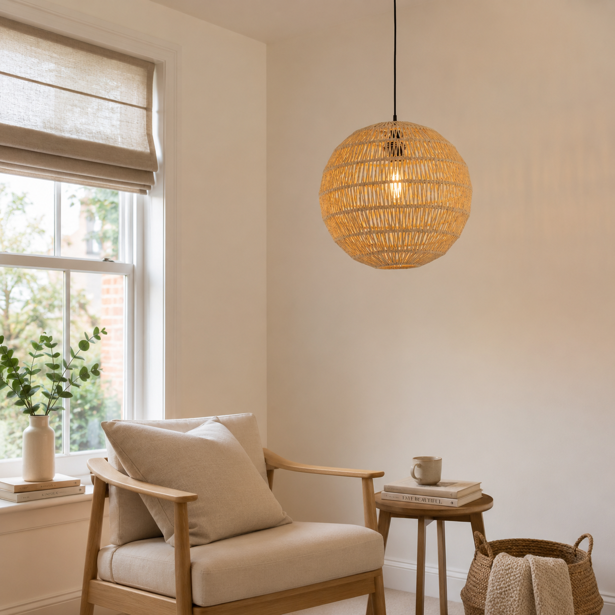 cotton rope pendant light in a sunlit breakfast nook