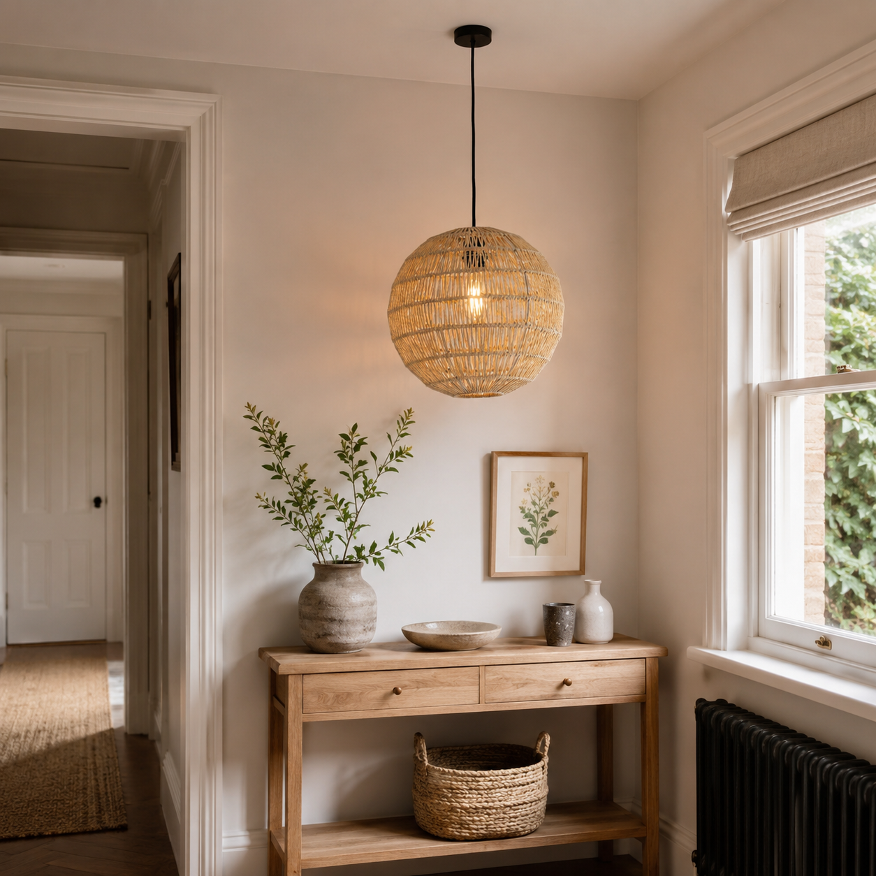cotton rope pendant light beside a bright window