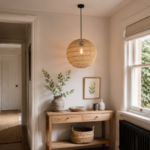 cotton rope pendant light beside a bright window