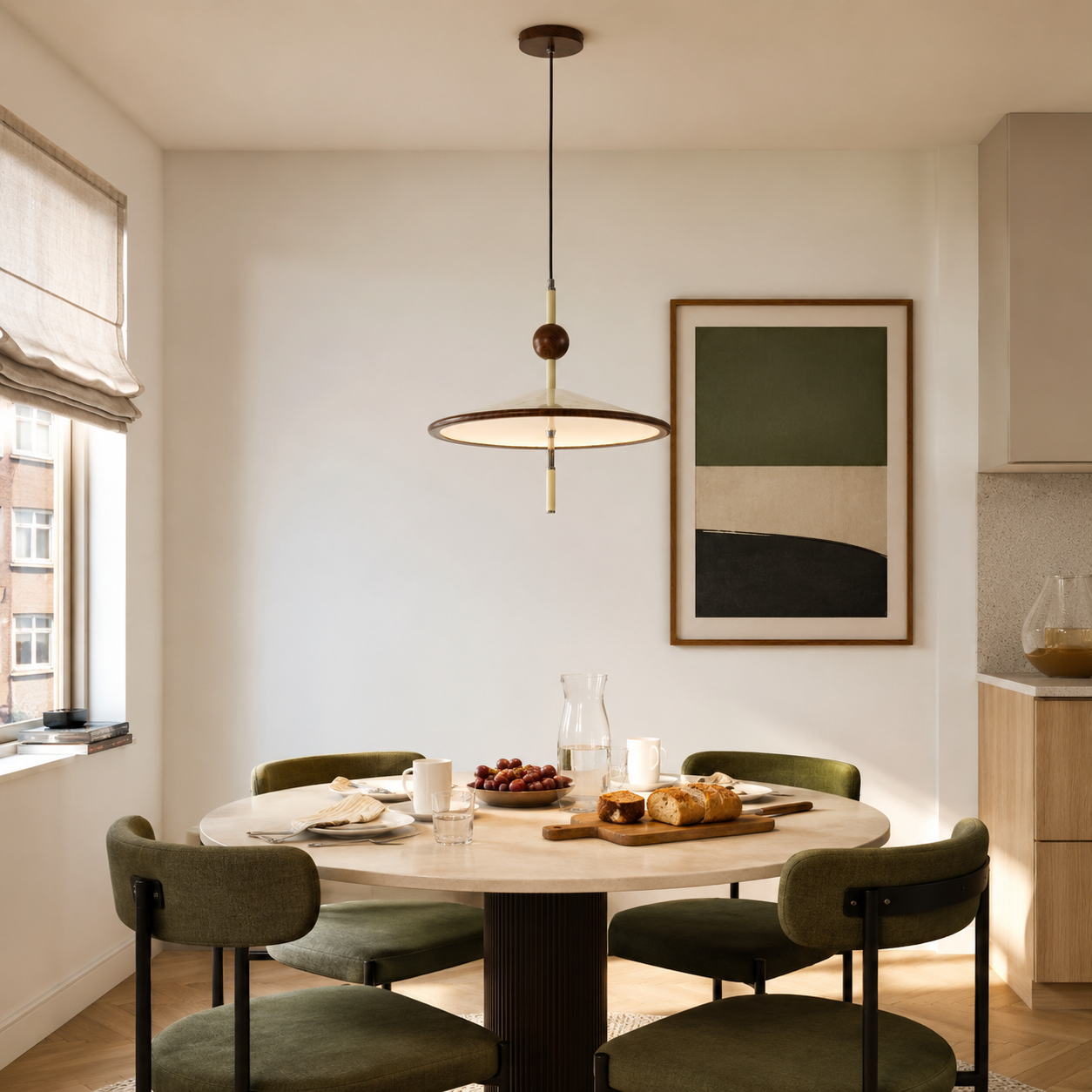 beige iron pendant light above a dining table with green chairs