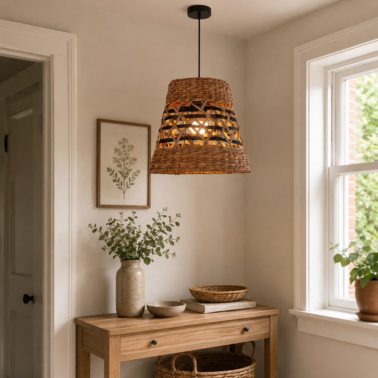 paper rope pendant light over a warm kitchen counter