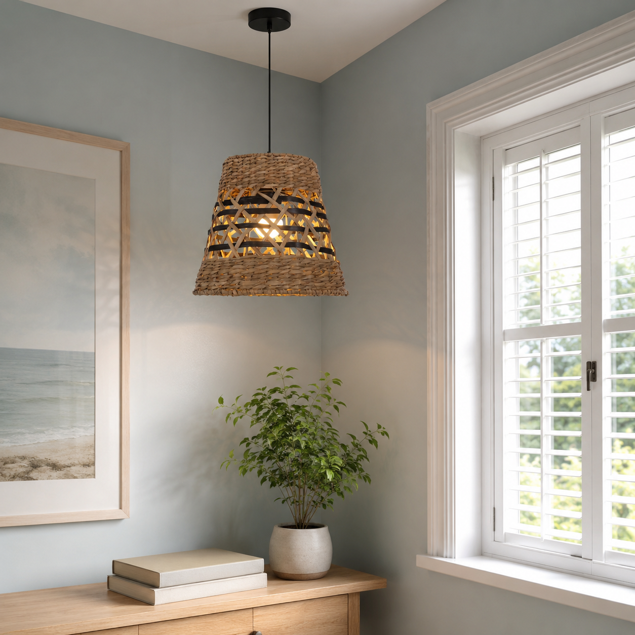 paper rope pendant light in a sunlit breakfast nook