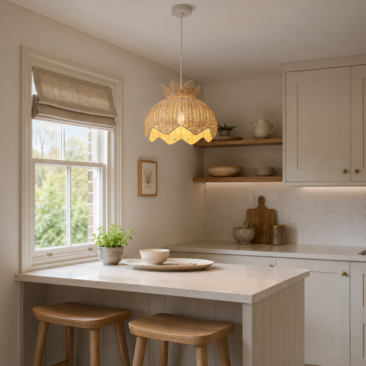 paper rope rattan pendant light above a bright dining table