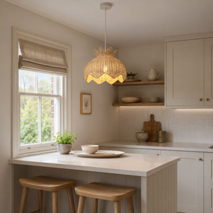 paper rope rattan pendant light above a bright dining table