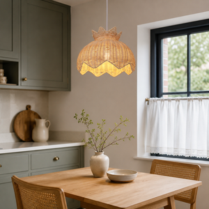 paper rope rattan pendant light over a warm kitchen counter