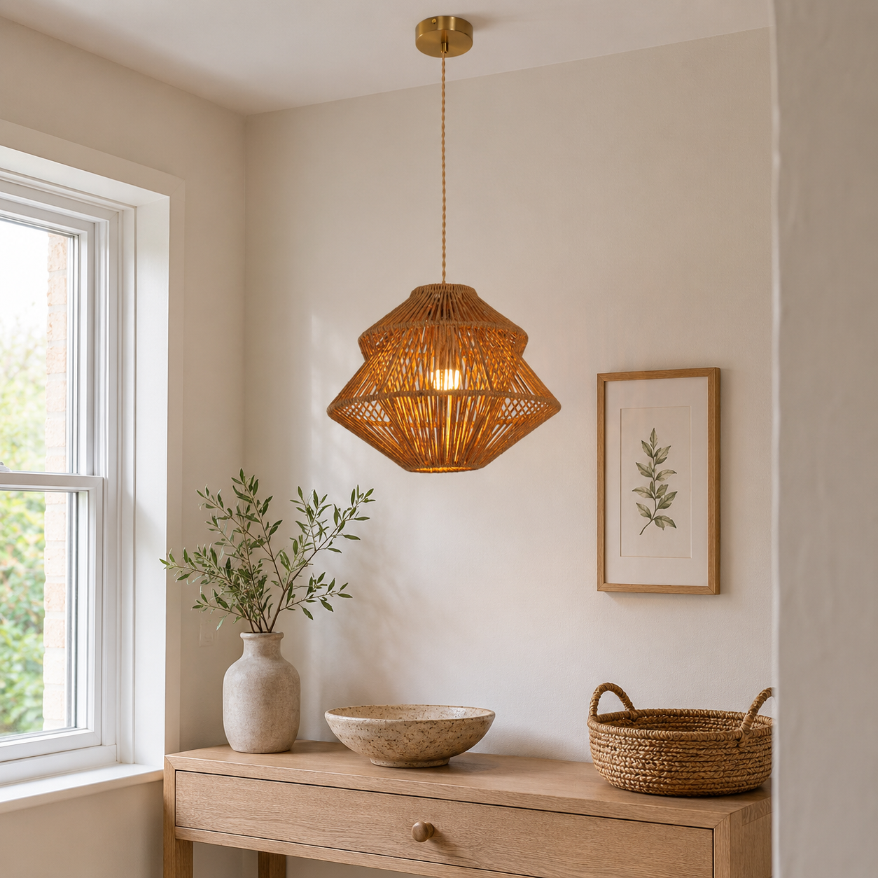 paper rope pendant light above a bright dining table