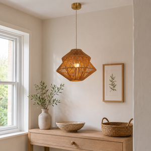 paper rope pendant light above a bright dining table