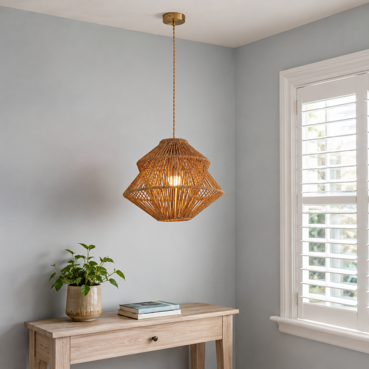 paper rope pendant light over a warm kitchen counter