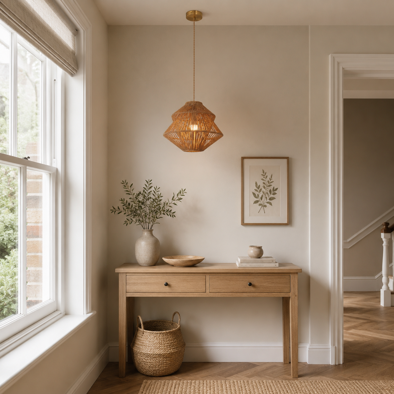 paper rope pendant light in a sunlit breakfast nook
