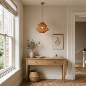 paper rope pendant light in a sunlit breakfast nook