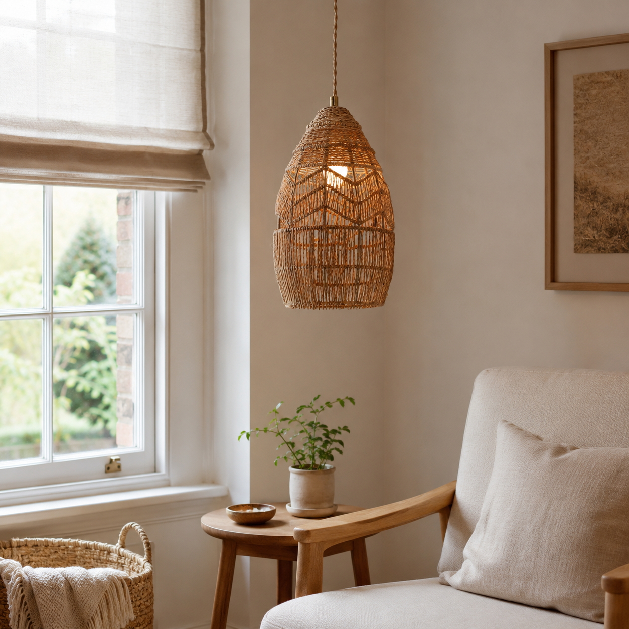 rattan bell pendant light above a bright dining table