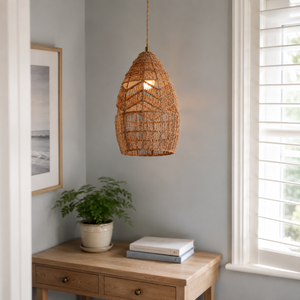 rattan bell pendant light in a sunlit breakfast nook