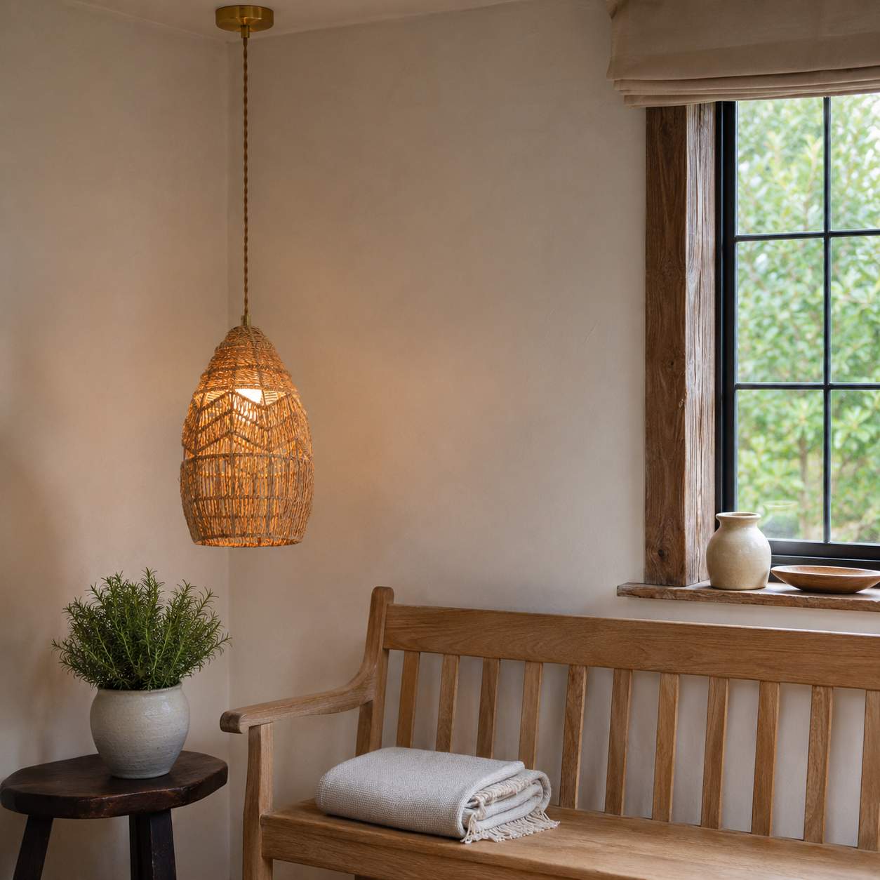 rattan bell pendant light beside a bright window