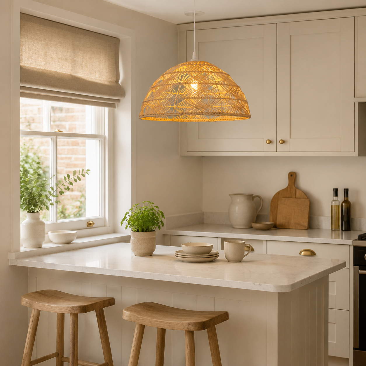 rattan dome pendant light over a warm kitchen counter