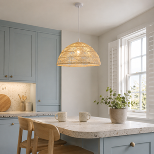 rattan dome pendant light in a sunlit breakfast nook