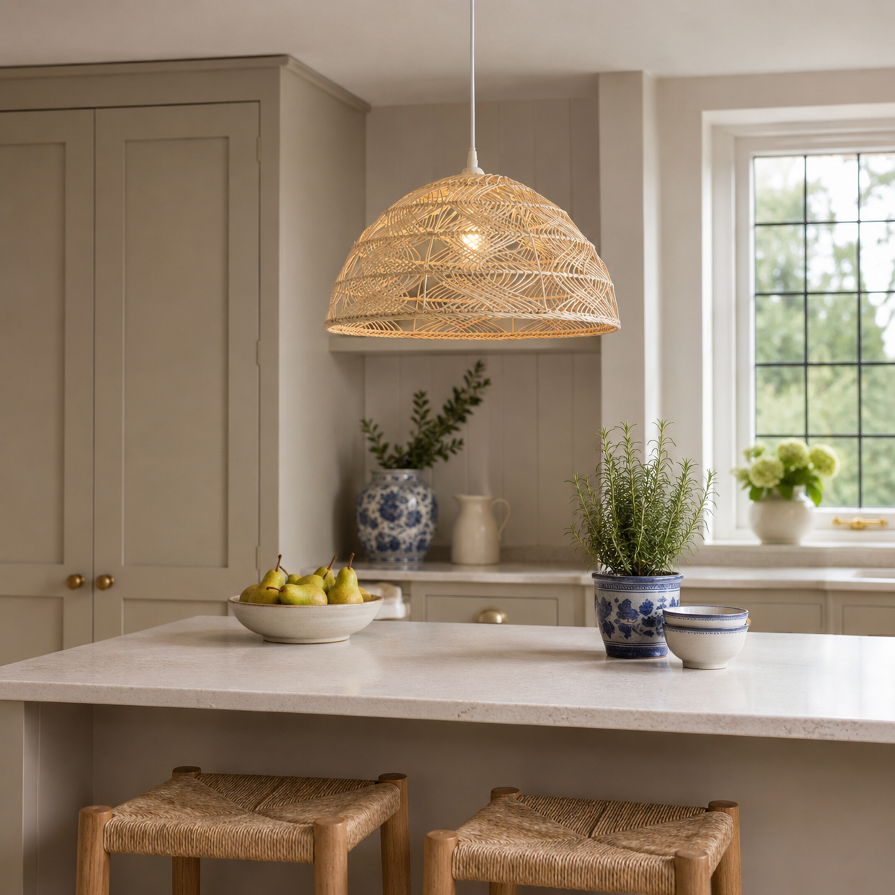 rattan dome pendant light beside a bright window