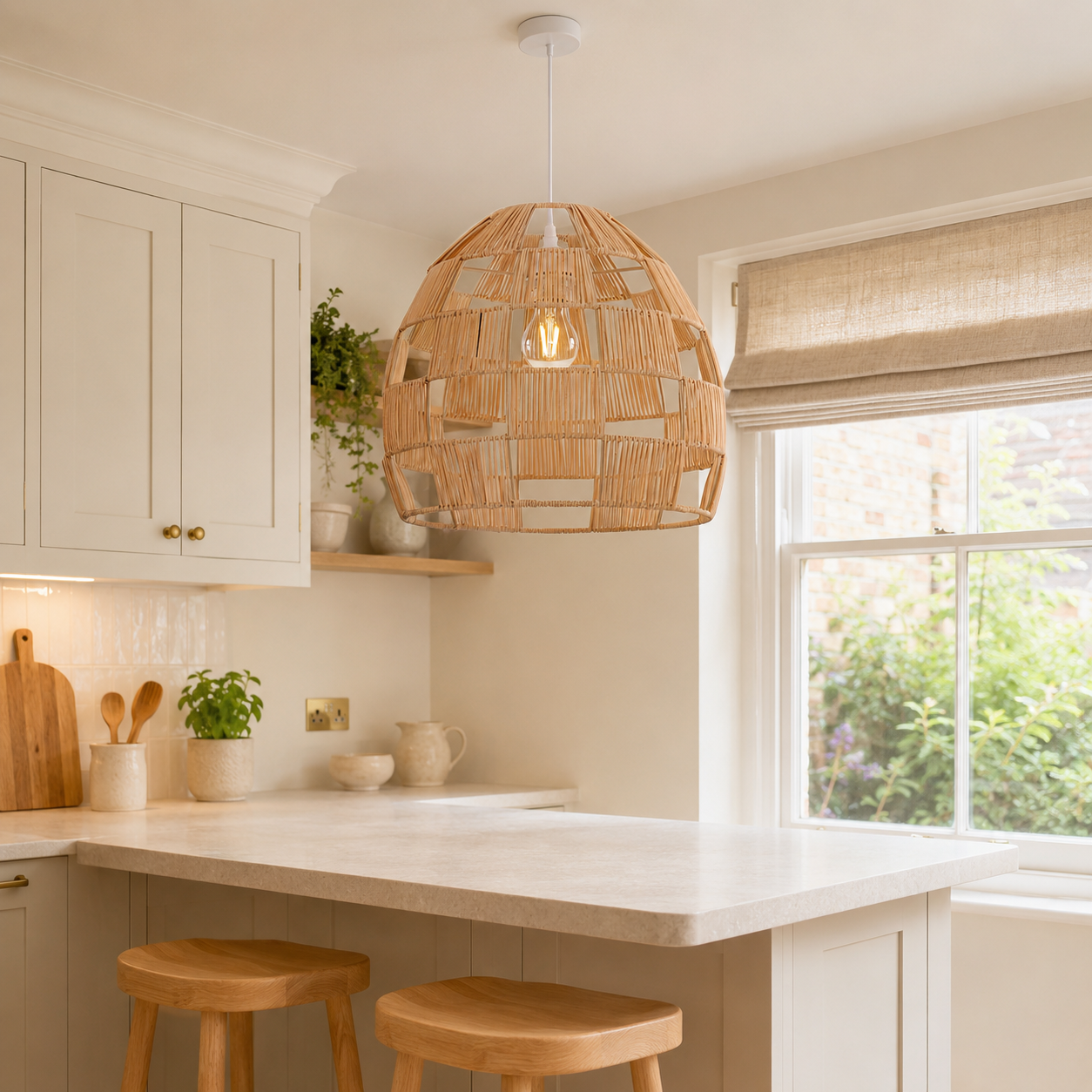 rattan pendant light above a bright dining table