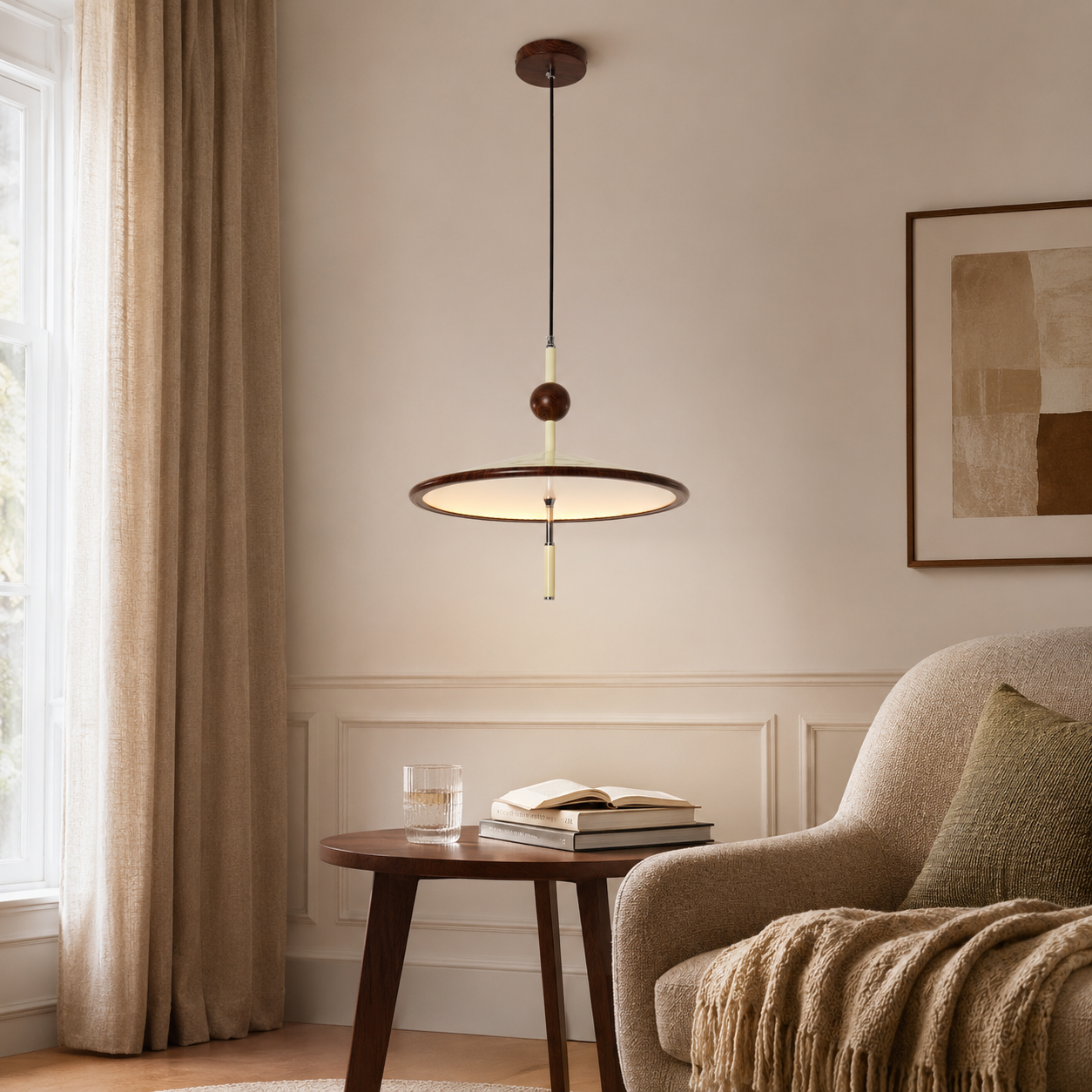 beige iron pendant light beside a sofa and small table