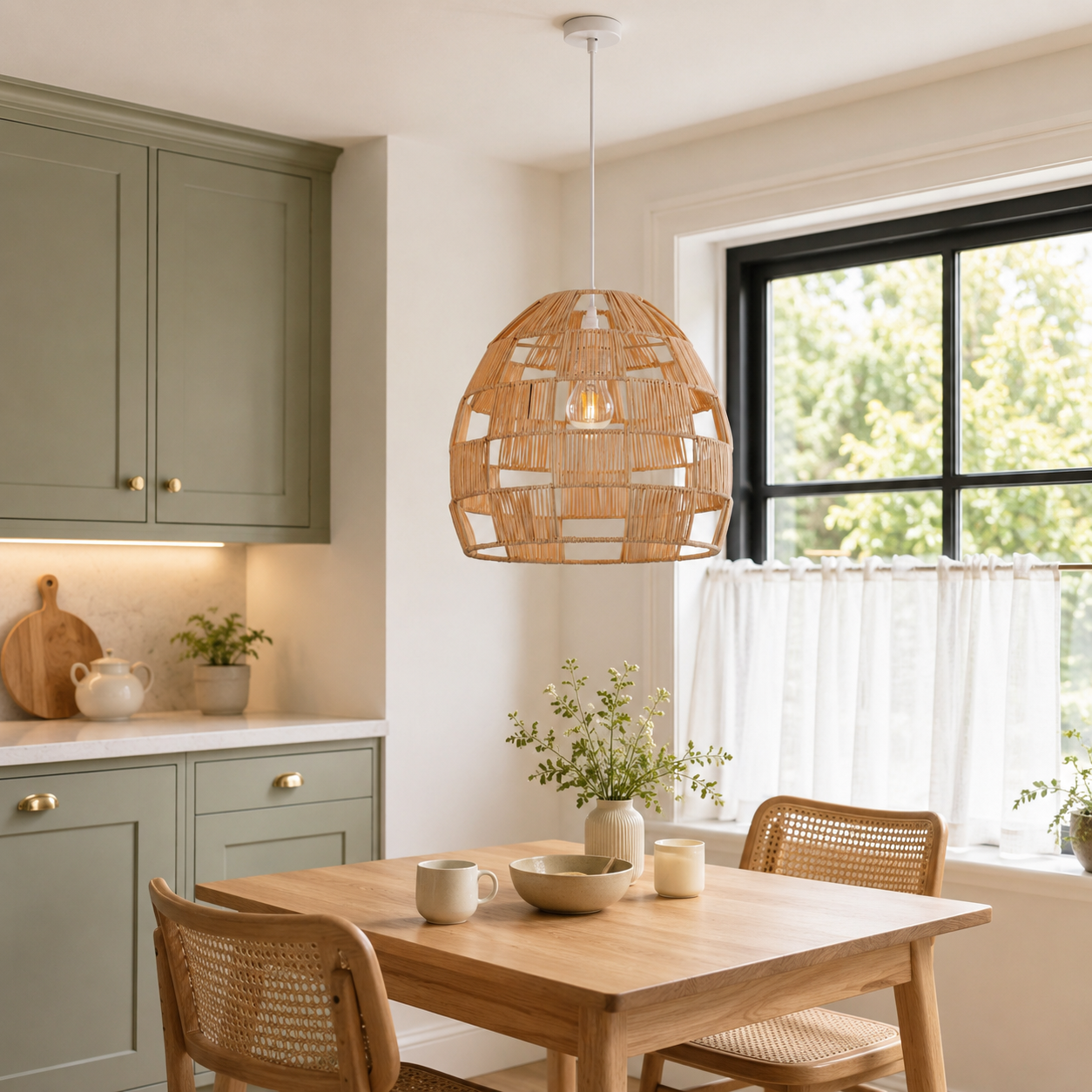 rattan pendant light over a warm kitchen counter