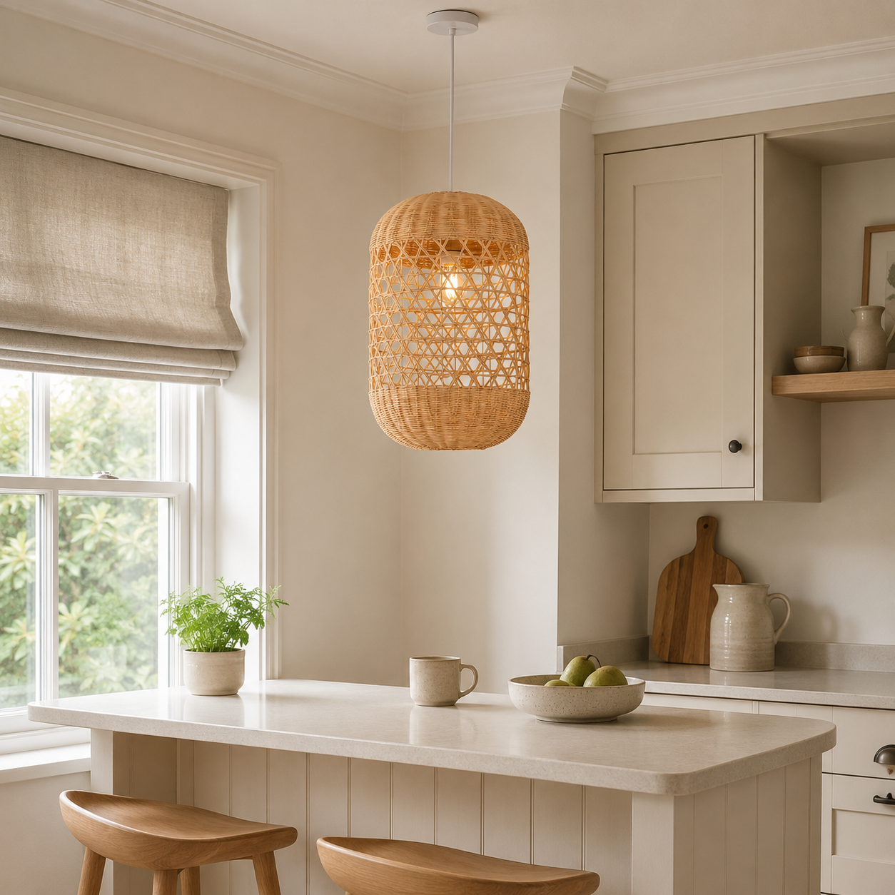 rattan pendant light above a bright dining table