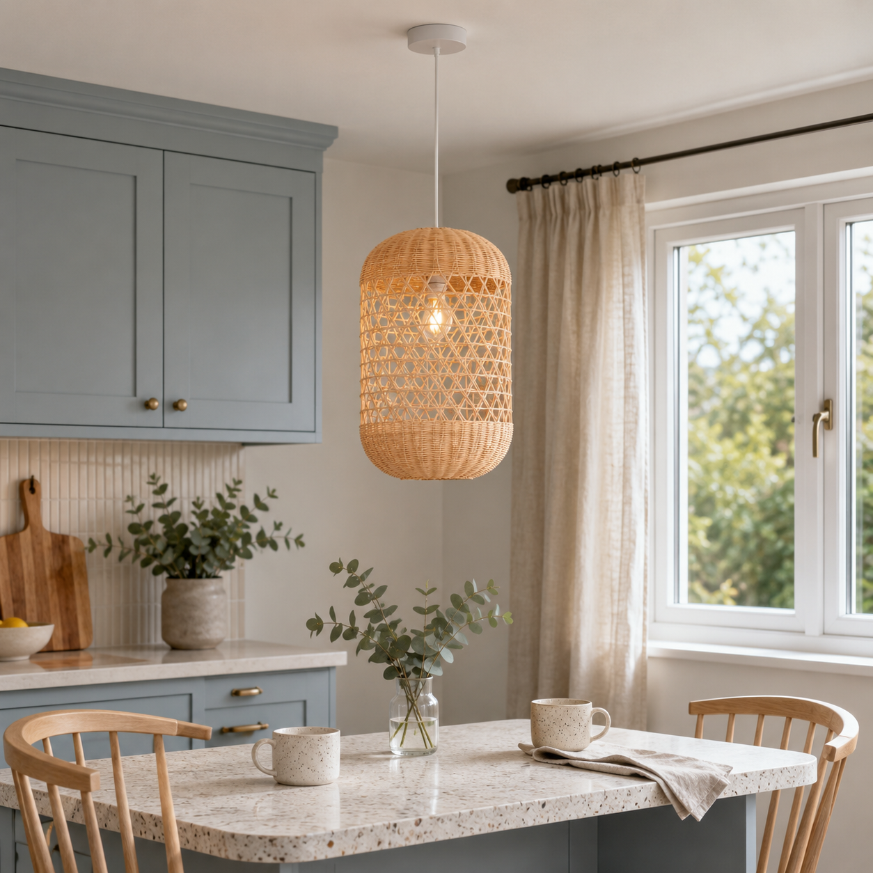 rattan pendant light in a sunlit breakfast nook