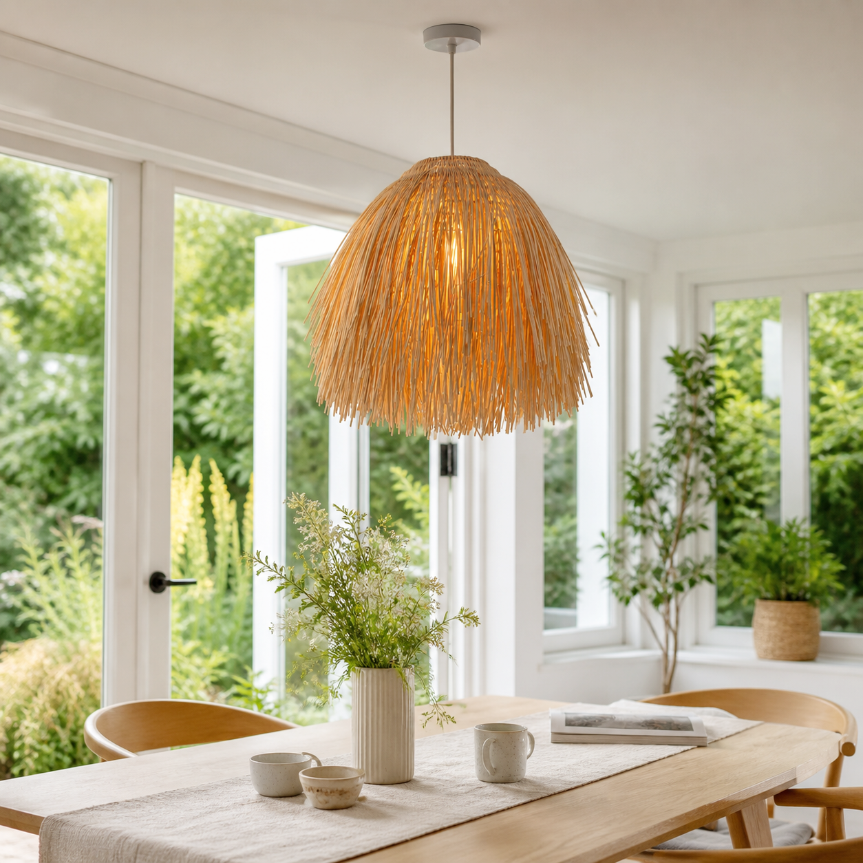 Fringed rattan pendant by bright dining room windows