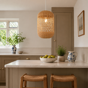 rattan pendant light beside a bright window