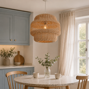 rattan pendant light in a sunlit breakfast nook