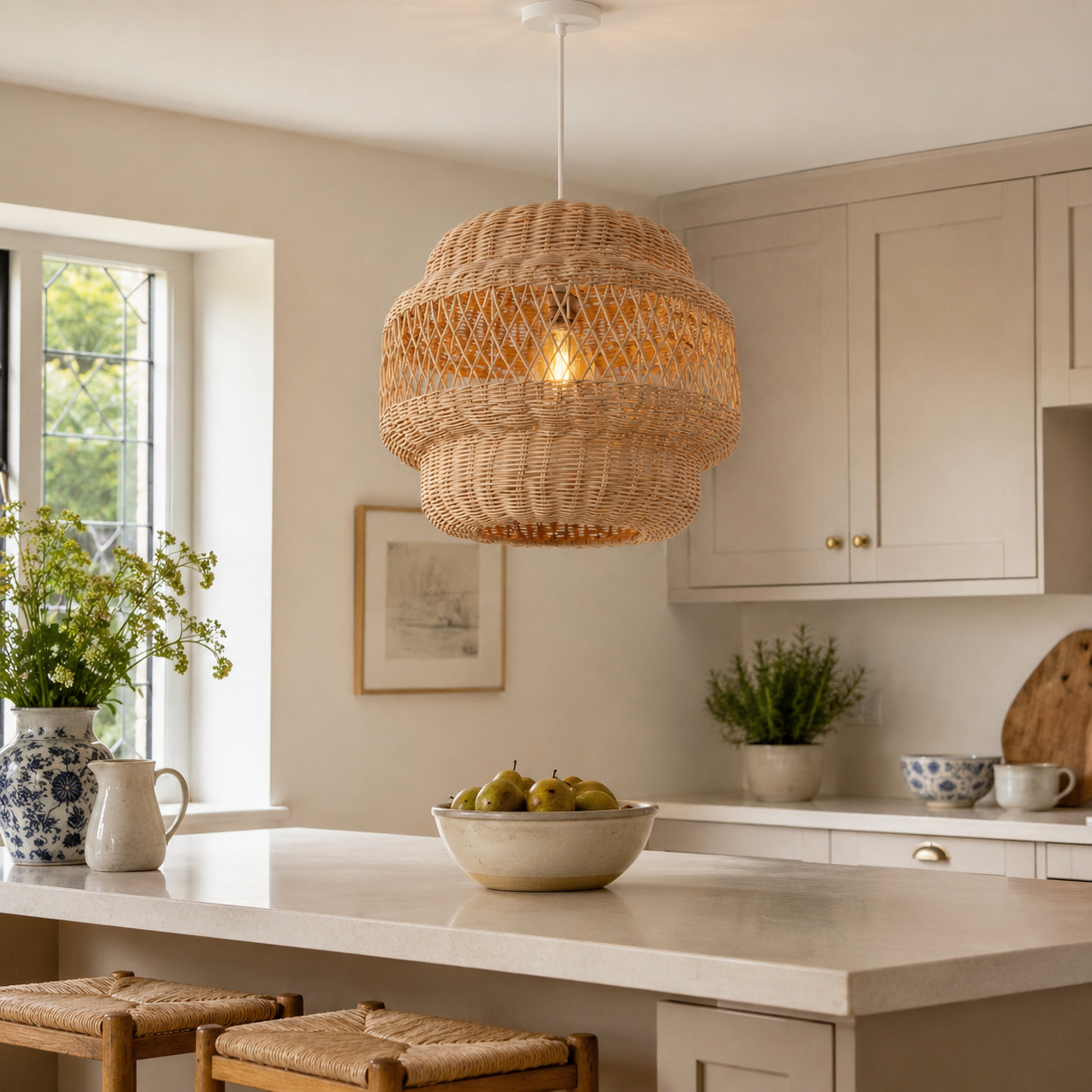 rattan pendant light beside a bright window