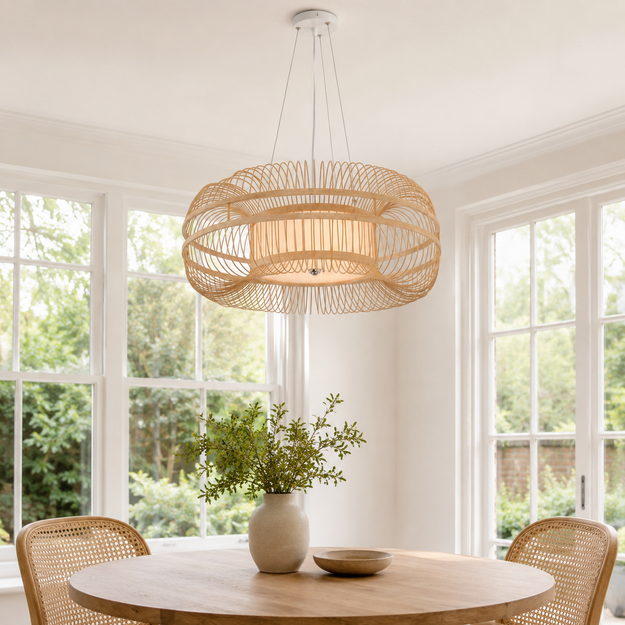 Drum-shaped bamboo LED pendant above a round dining table