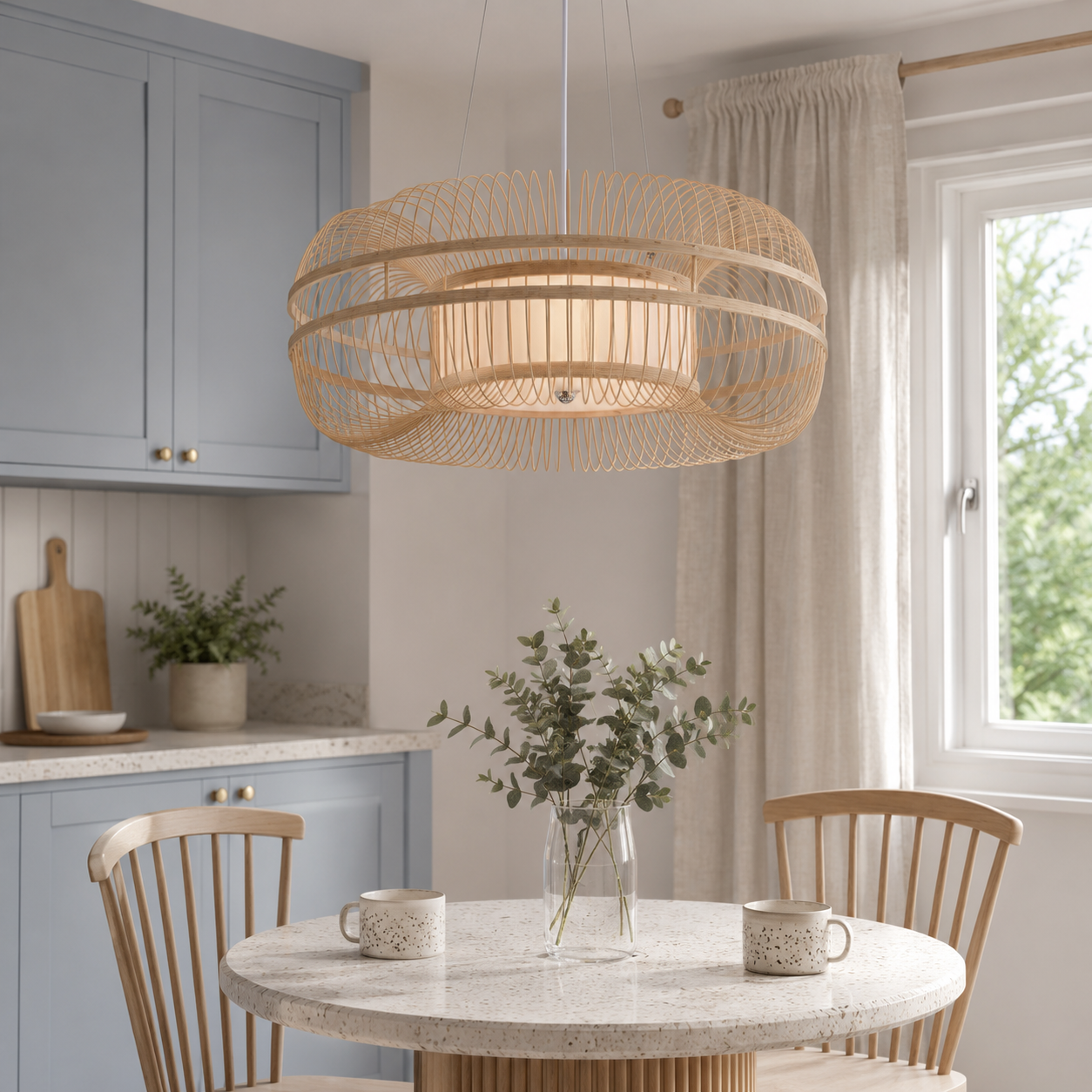 Bamboo LED drum pendant in a sunlit breakfast nook