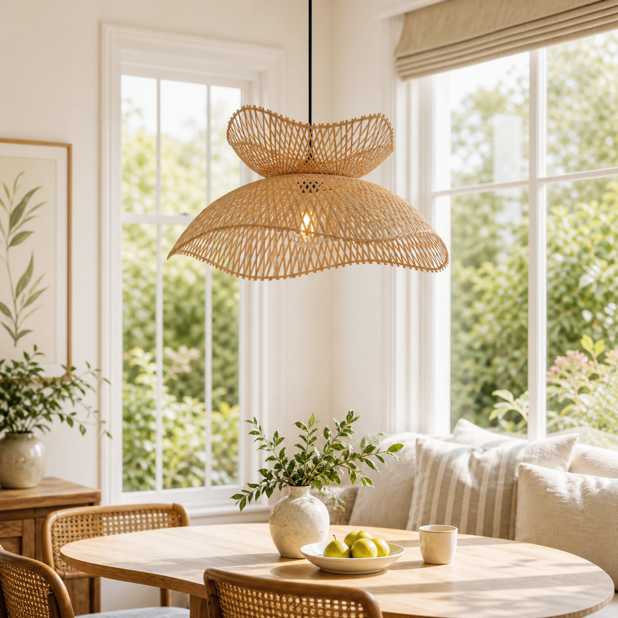 Handwoven bamboo pendant over a cozy round table by windows