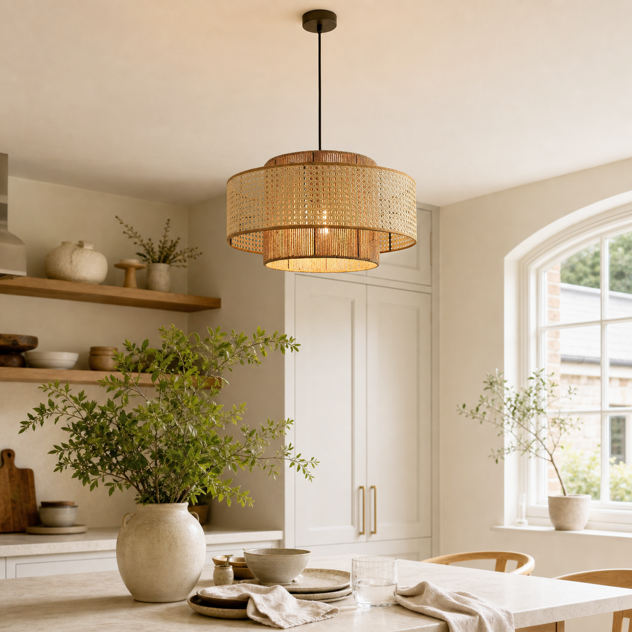 Woven drum pendant light above a warm kitchen counter