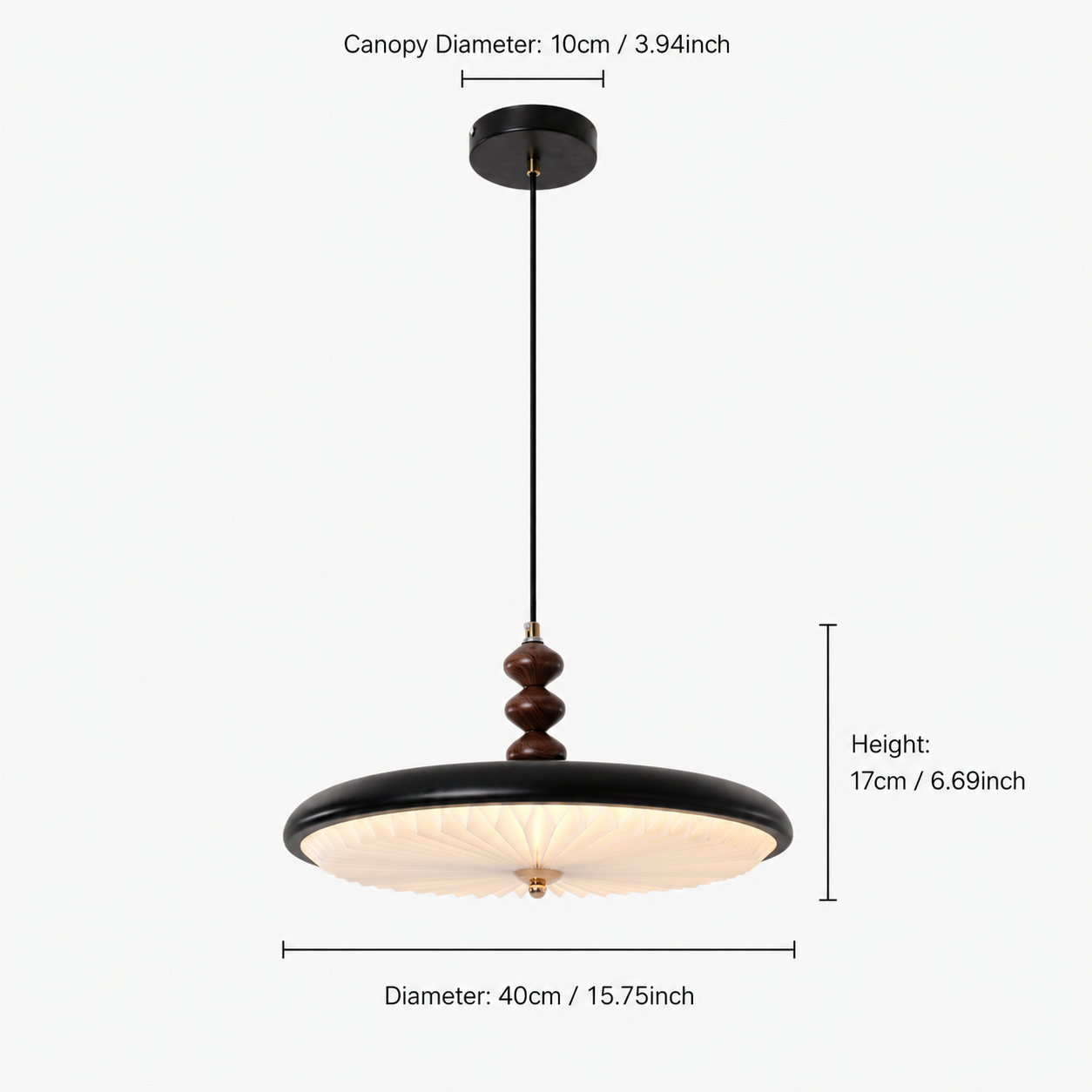 dimension chart for the black pleated pendant for black pleated pendant light