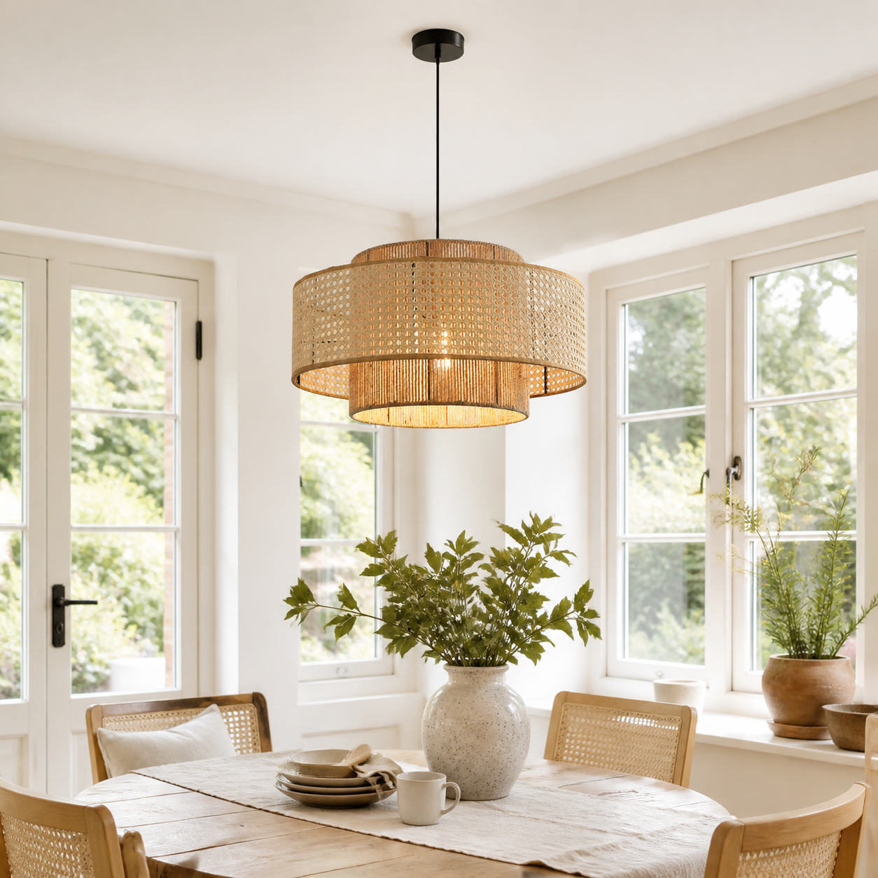 Rustic rope pendant in a sunlit round dining nook