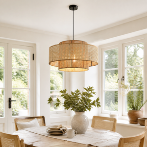 Rustic rope pendant in a sunlit round dining nook