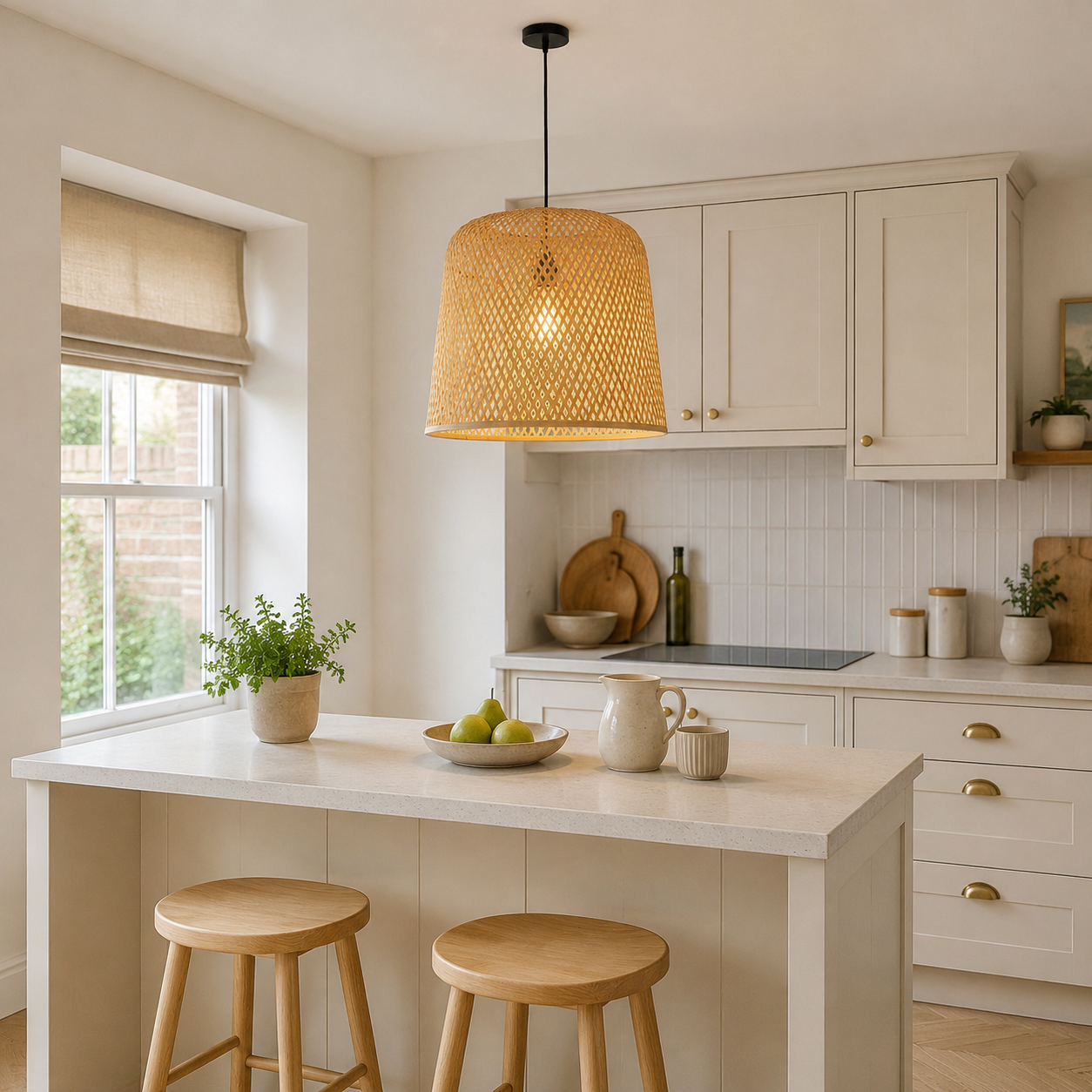 Bamboo pendant with cross-weave shade in a bright kitchen