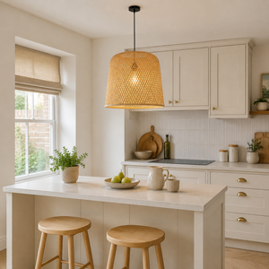 Bamboo pendant with cross-weave shade in a bright kitchen