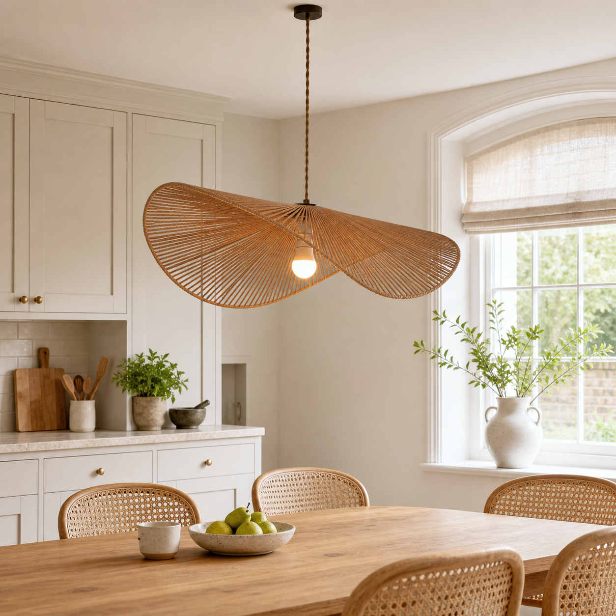 Handwoven hemp rope pendant light over a bright kitchen dining table