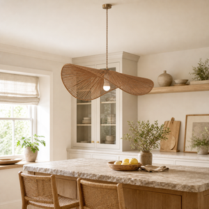 Butterfly-shaped hemp rope pendant above a warm kitchen counter