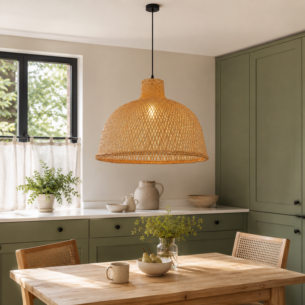 Handwoven bamboo dome ceiling light over a kitchen counter