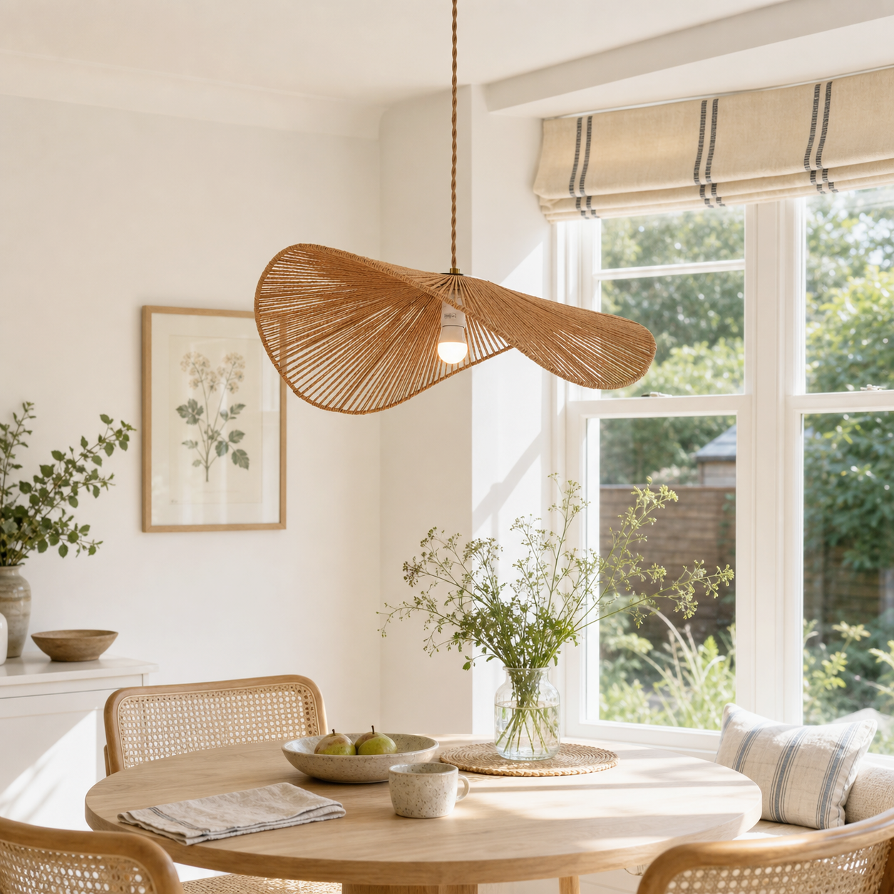 Hemp rope pendant light in a sunlit round dining nook