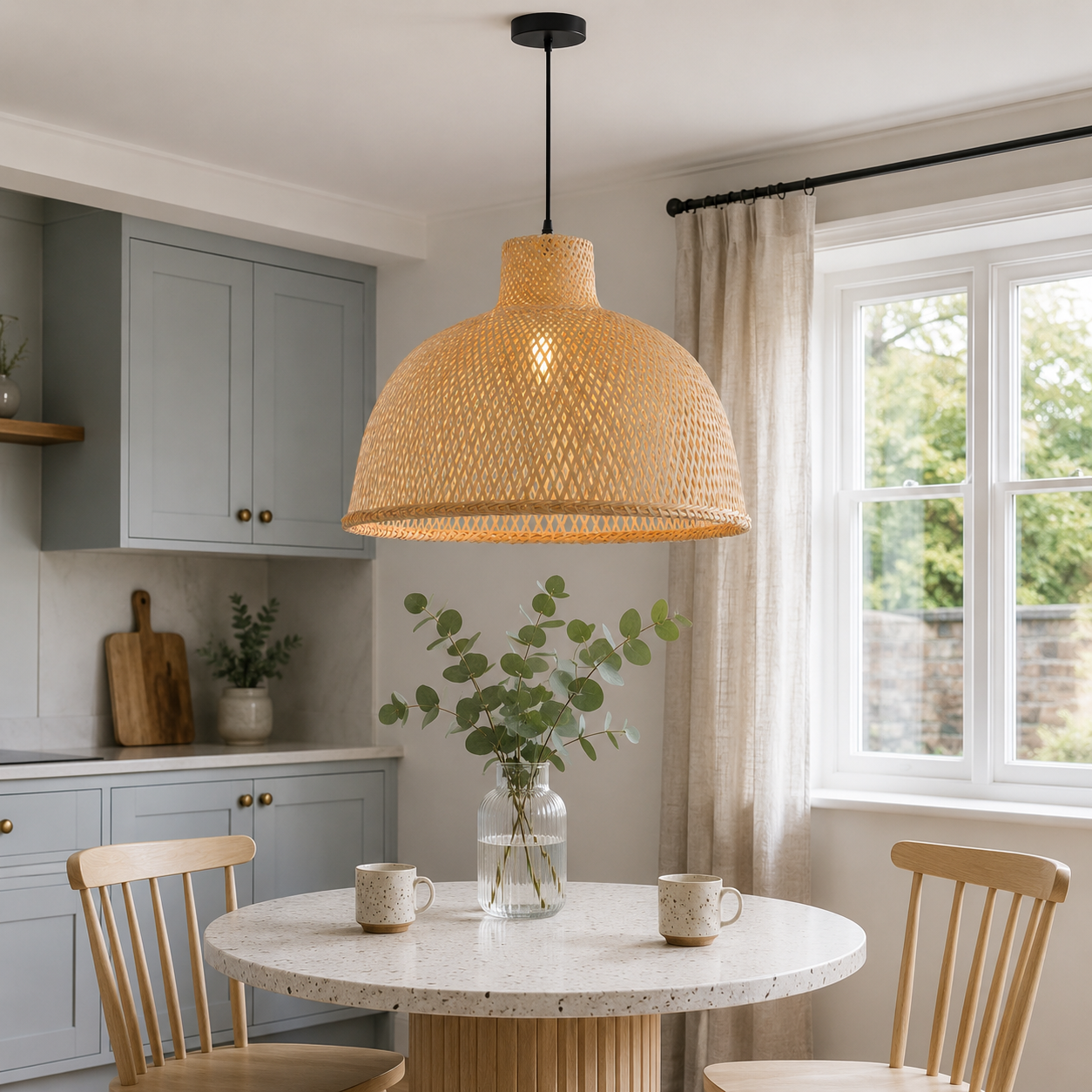 Natural bamboo dome pendant in a calm dining nook