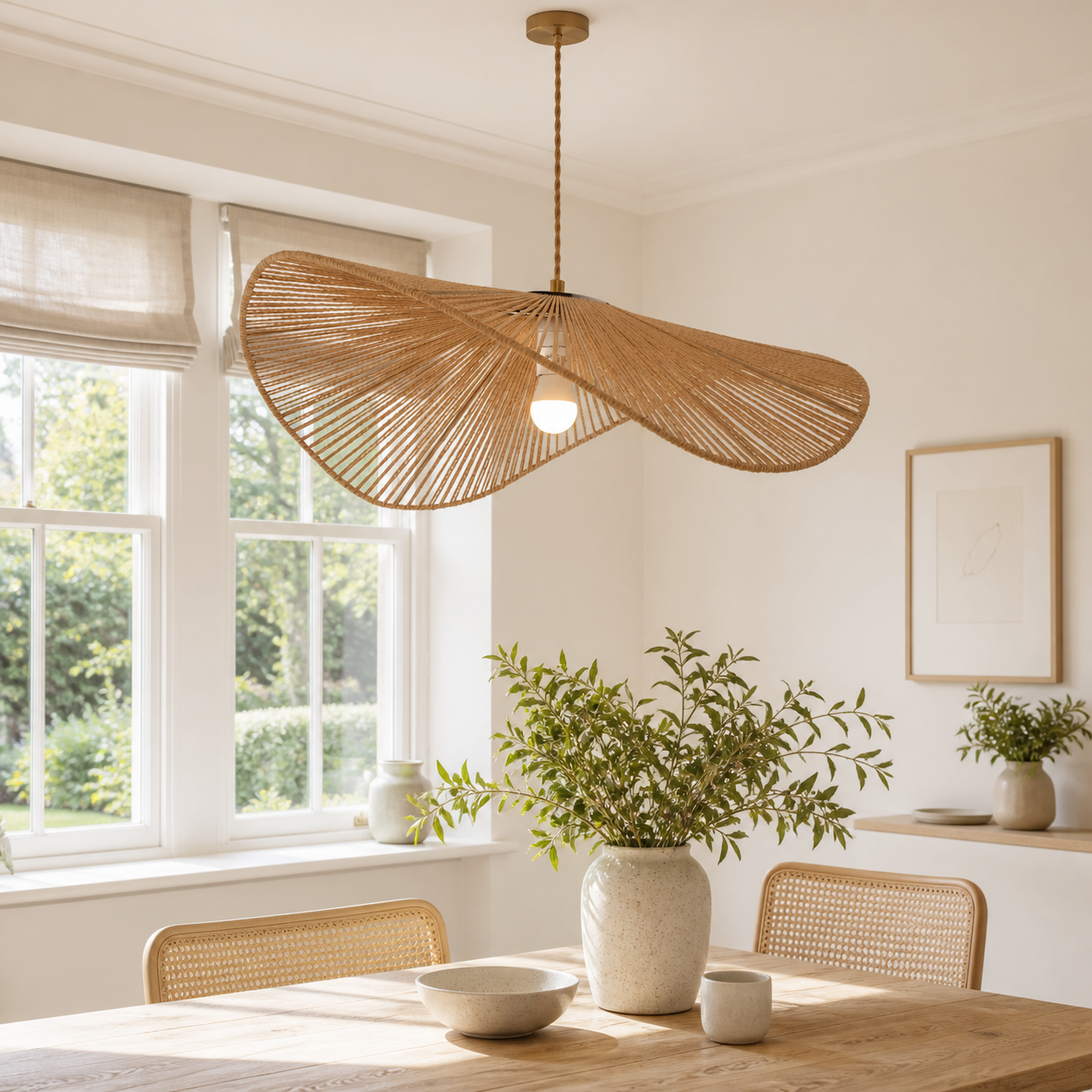 Wide woven rope pendant by a bright window over a dining table