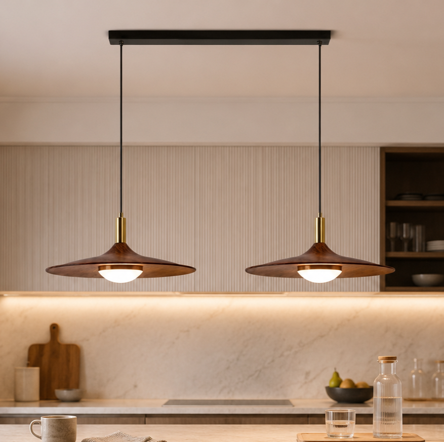 walnut double pendant light pair of walnut linear pendants over a kitchen counter