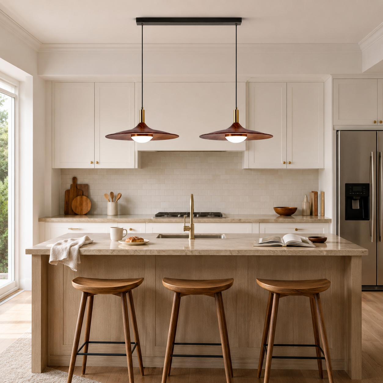 walnut double pendant light above a bright kitchen island