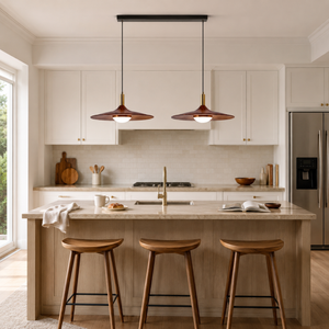 walnut double pendant light above a bright kitchen island